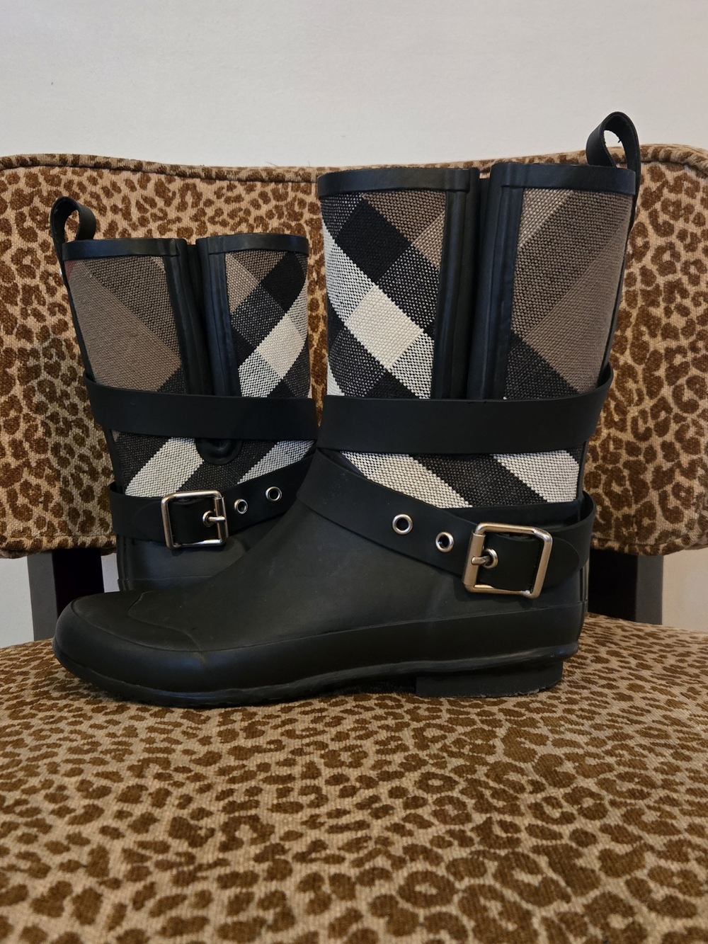 Burberry Hollow Nova Check Black and Beige Plaid Mid-Calf Rain Boots with Buckle